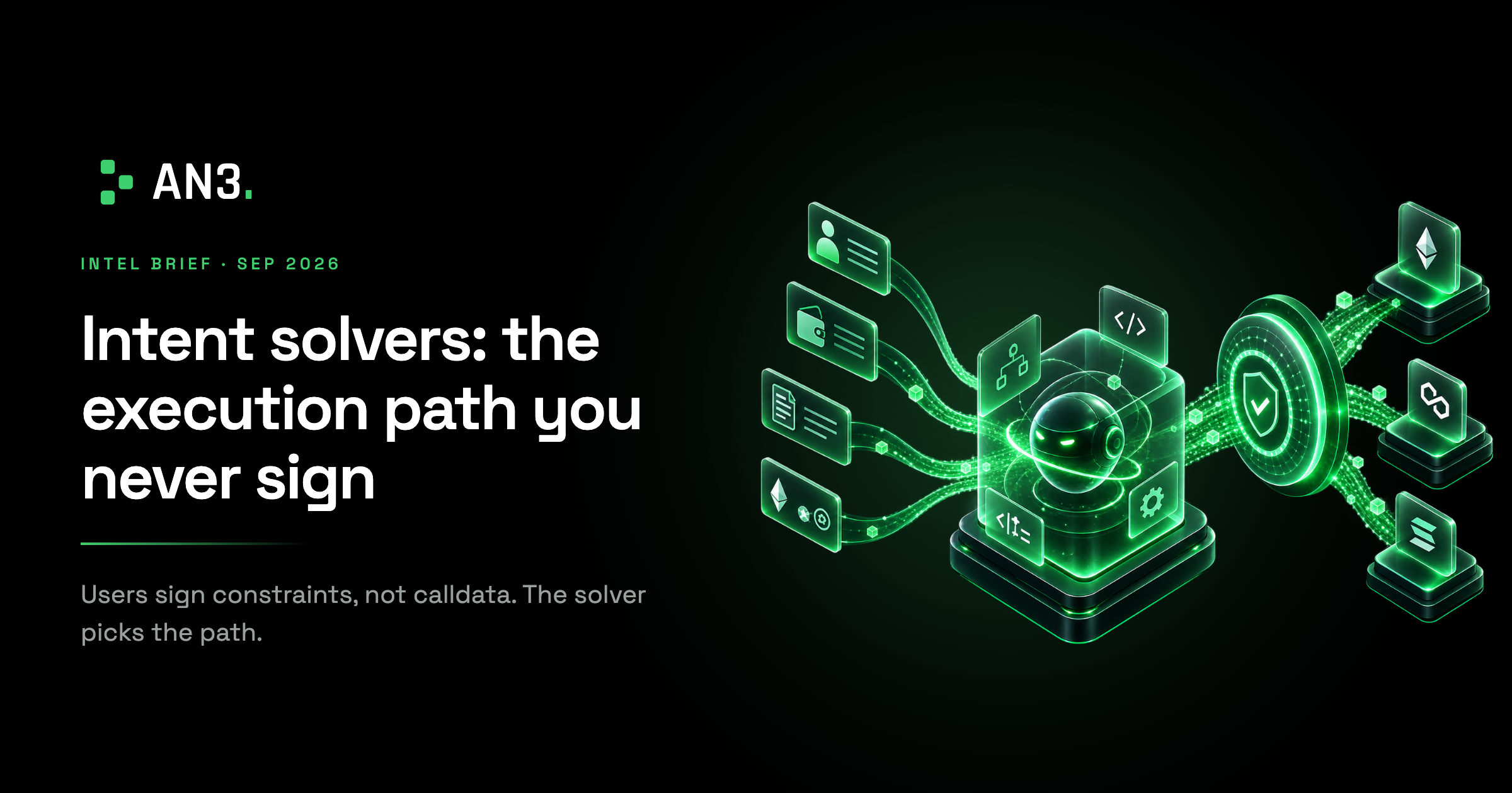 Glass orbital graphic on black with the headline Intent Solvers: The Execution Path You Never Sign